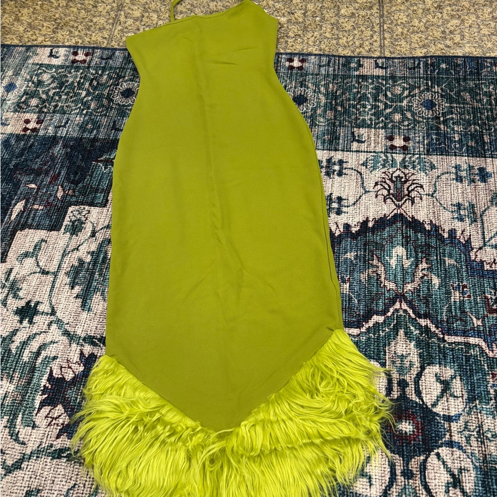 Lime Green Dress with Feather Hem